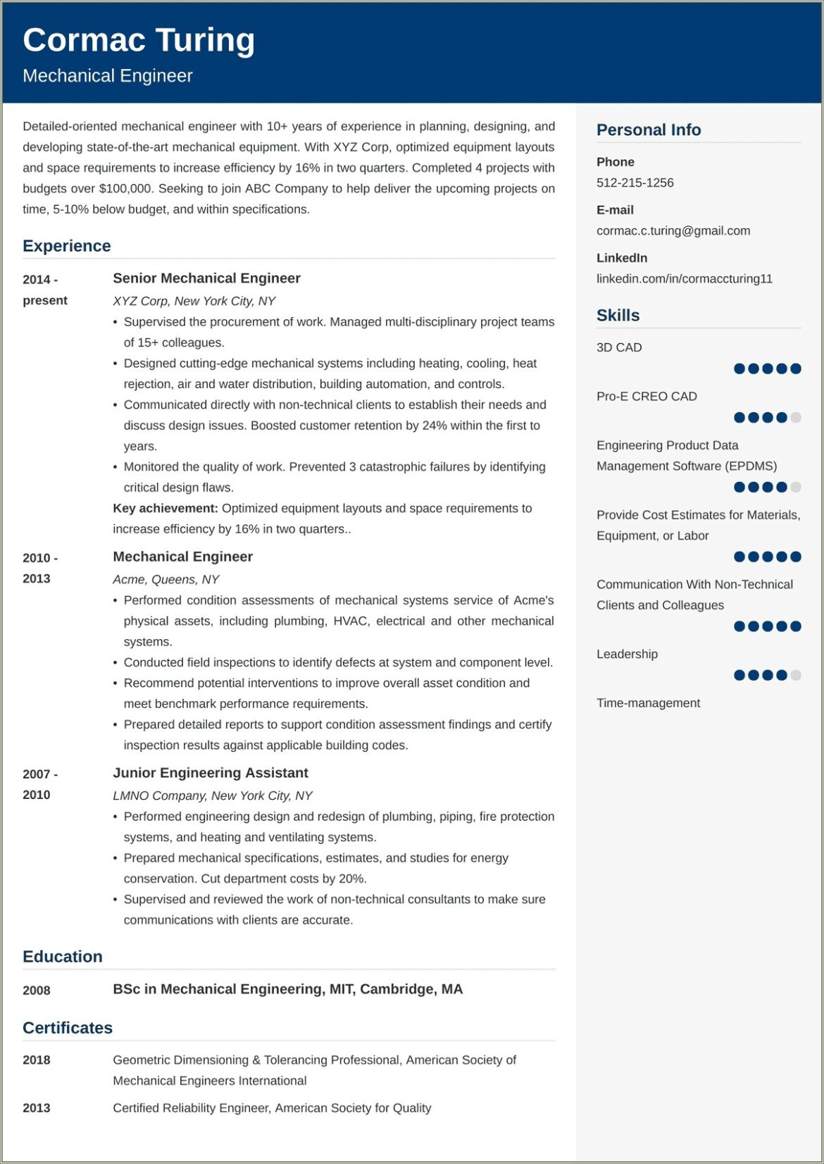 Example Of A Engineer Chronological Resume