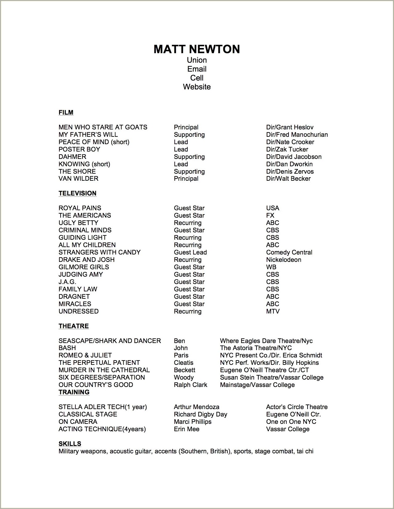 Example Of A Film Actor Resume