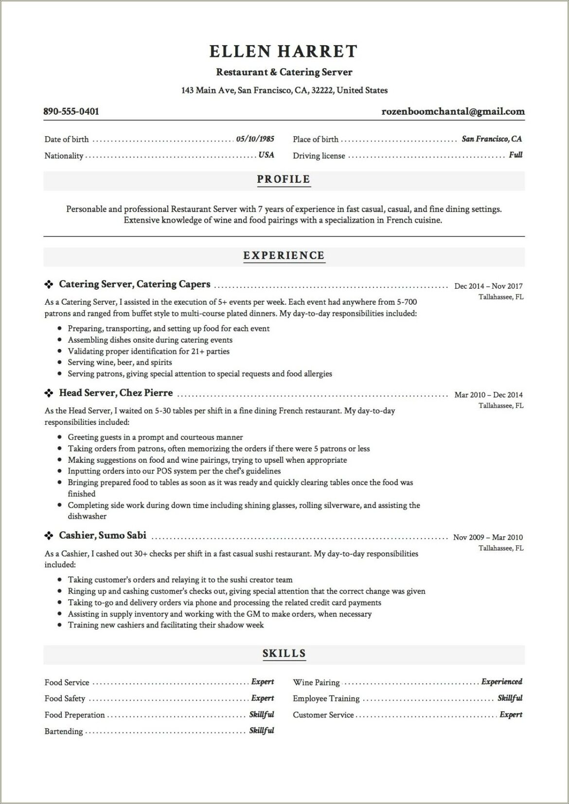 Example Of A Food Server Resume