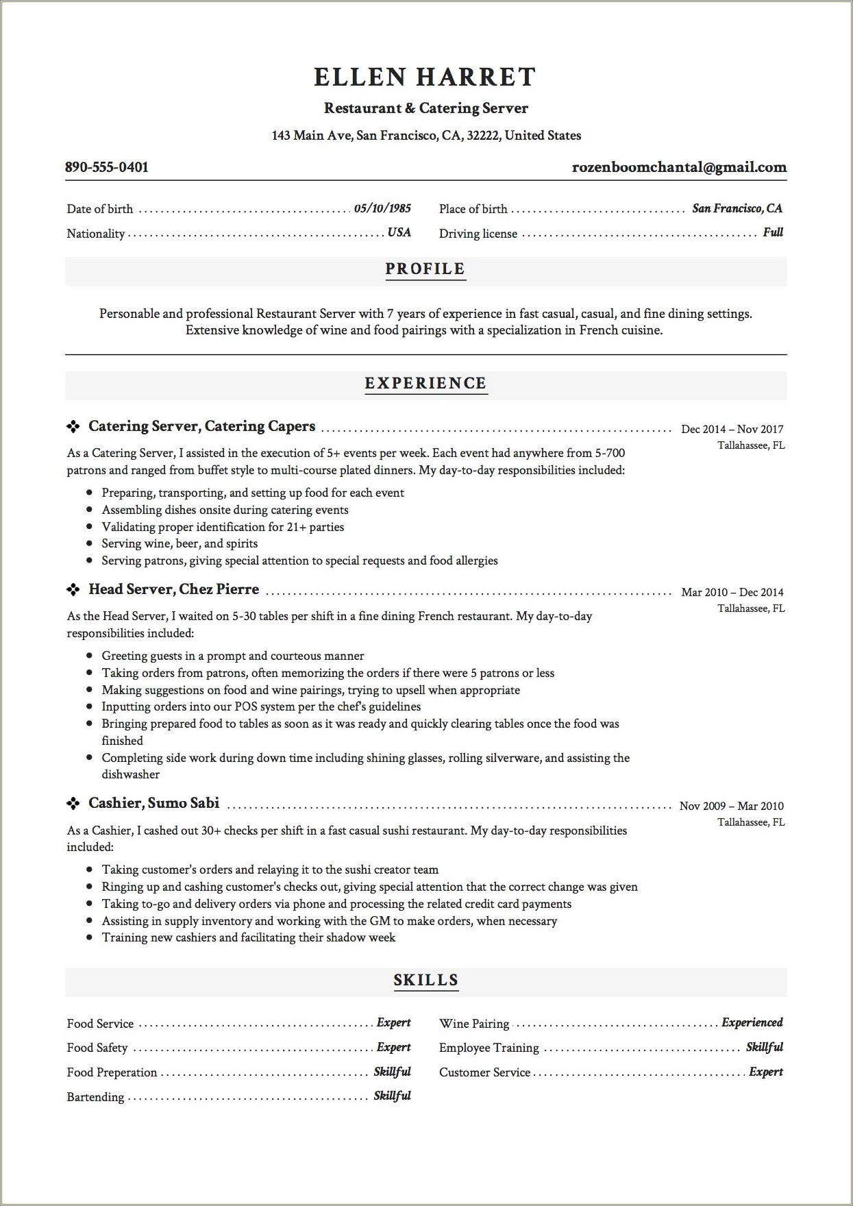 Example Of A Food Server Resume