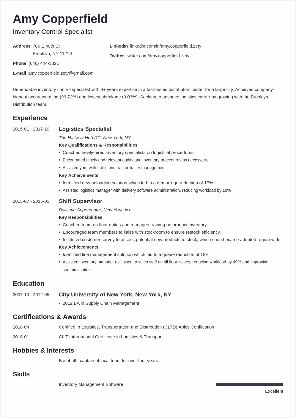 Example Of A Full Written Resume In Transportation