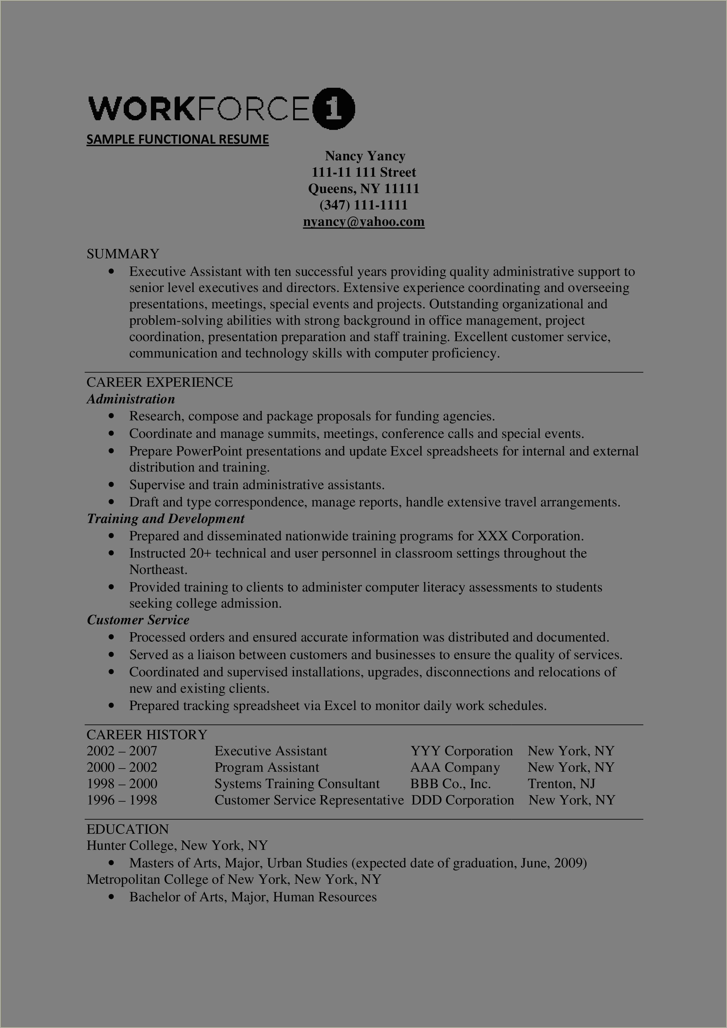 Example Of A Functional Resume For Customer Service