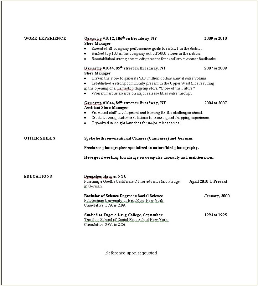 Example Of A Gamestop Retail Staff Resume