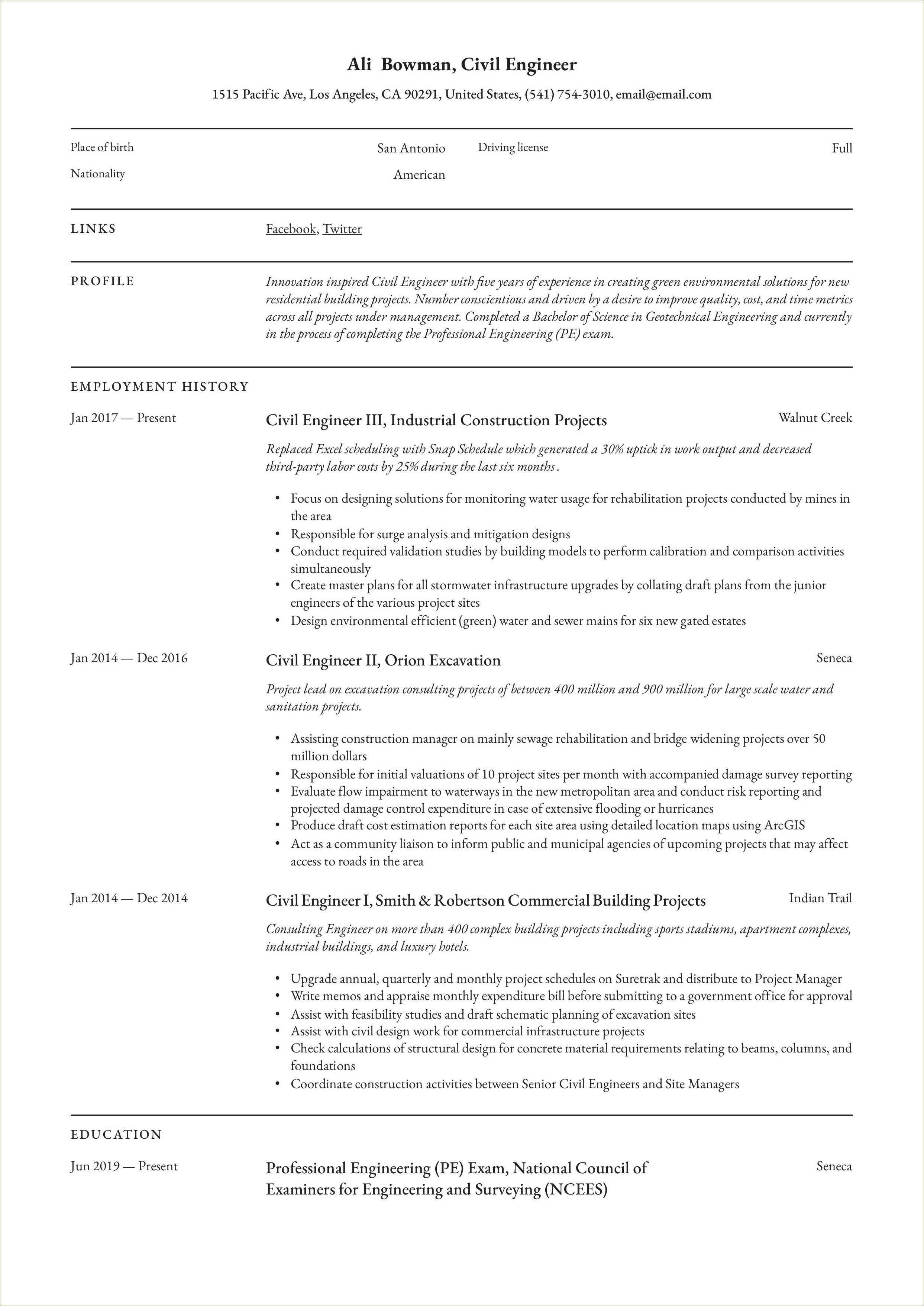 Example Of A Good Civil Engineering Resume