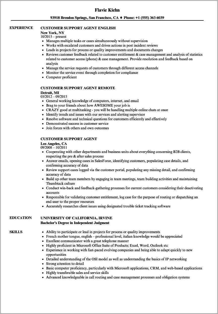 Example Of A Good Customer Sertvice Resume