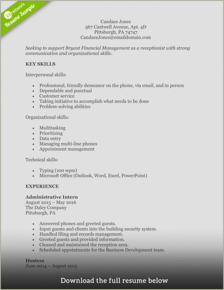 Example Of A Good Receptionist Resume