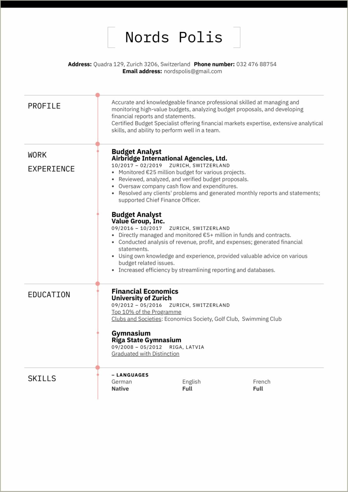 Example Of A Good Resume For Economics