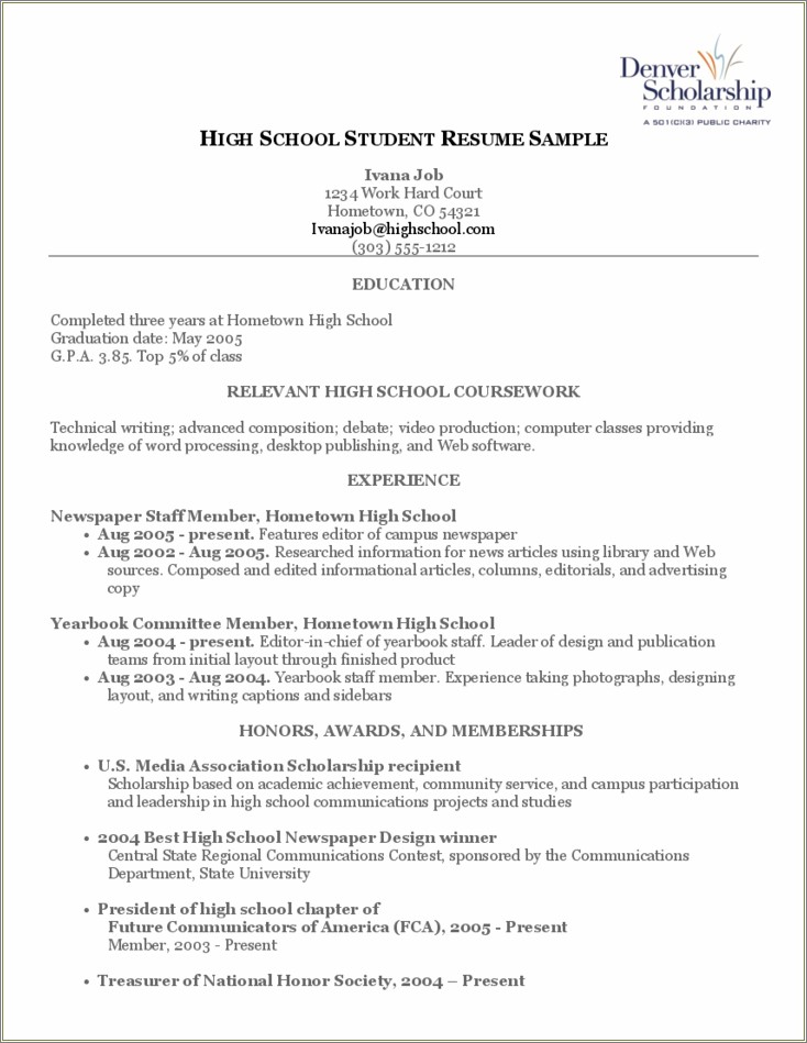 Example Of A Good Resume For High Schoolers