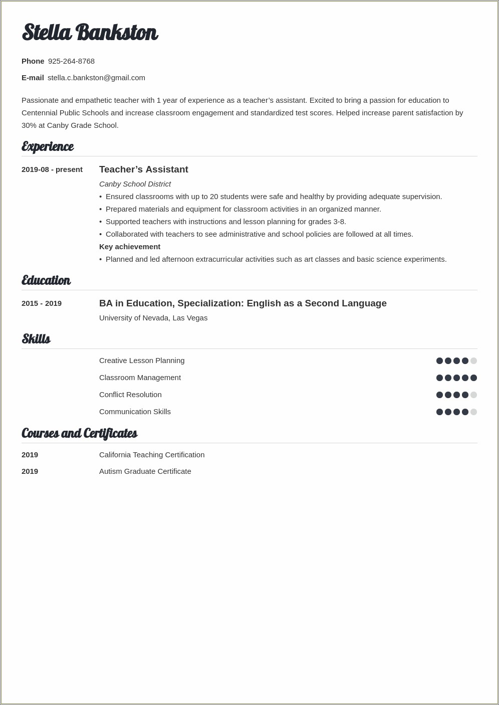 Example Of A New Teacher Resume