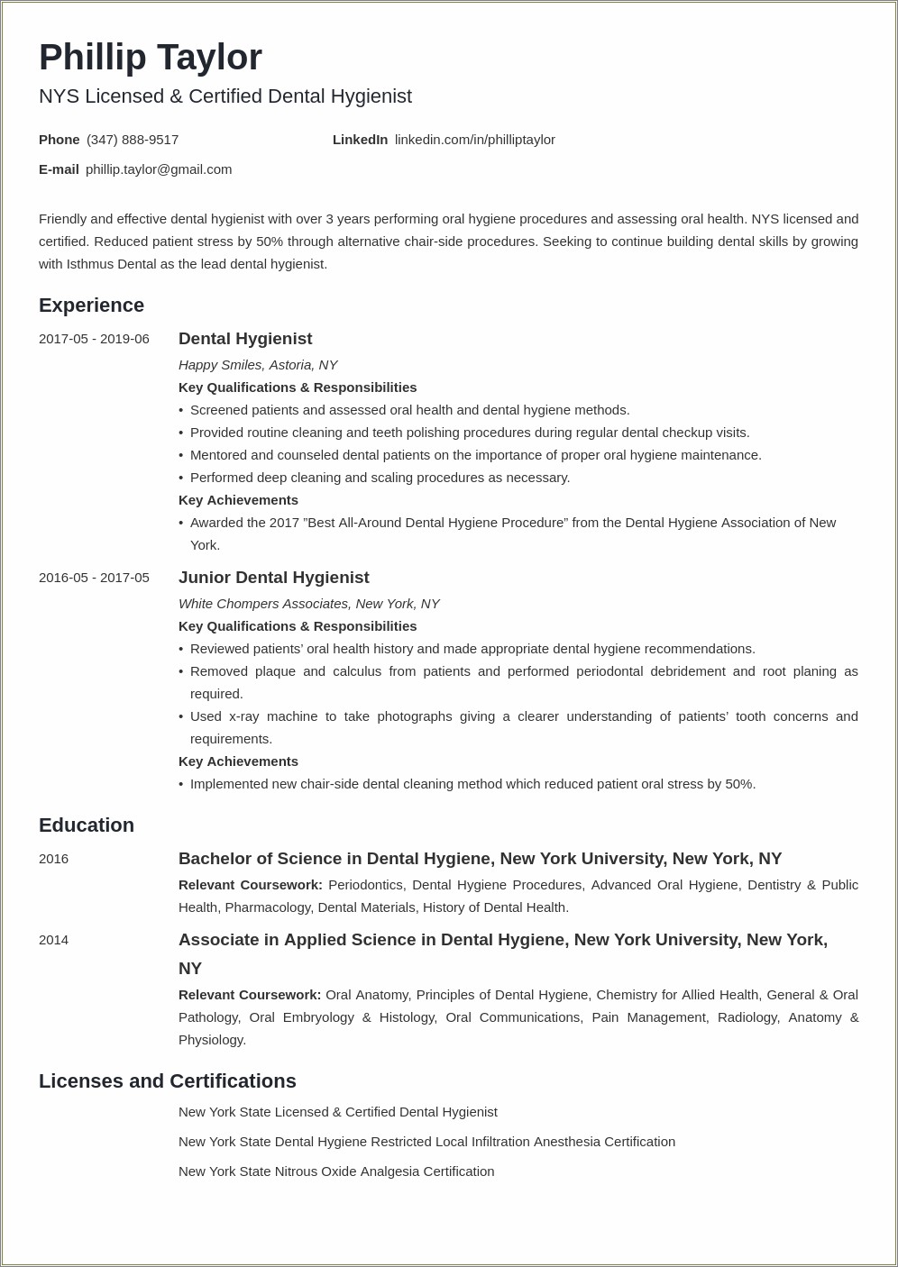 Example Of A Nursing And Dental Hygiene Resume