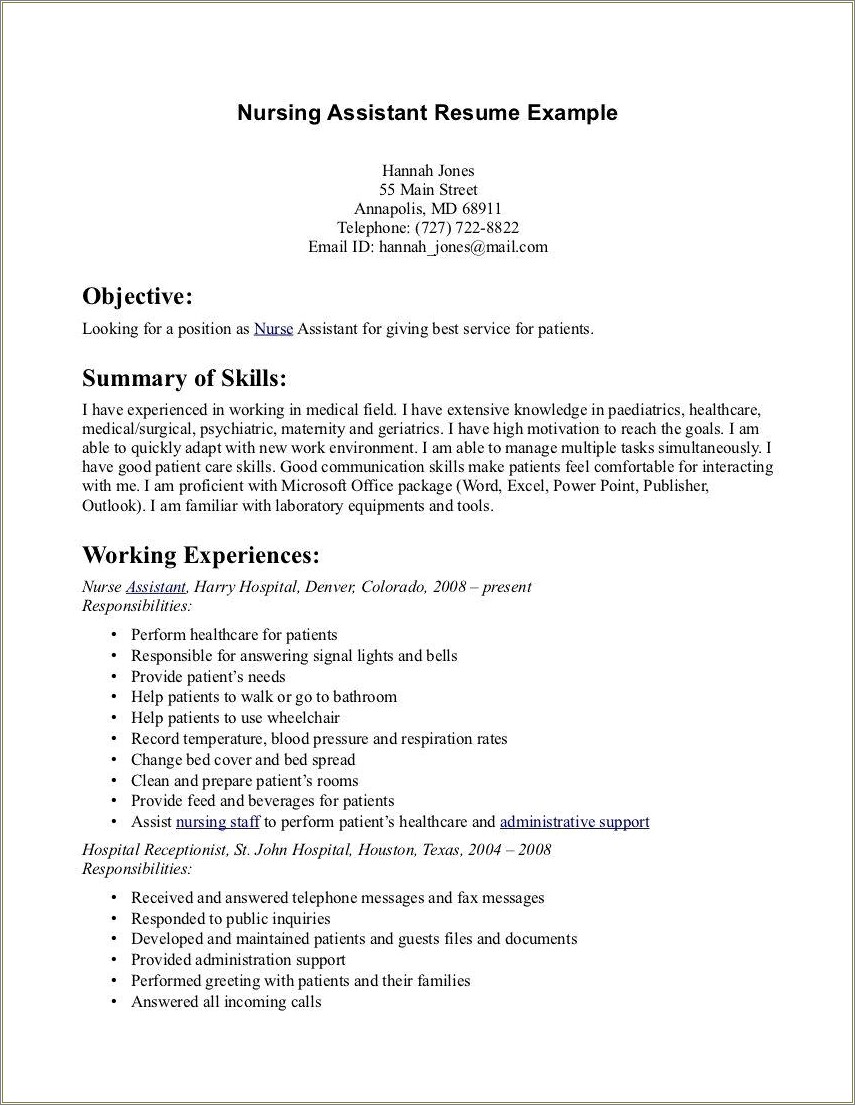 Example Of A Nursing Assistant Resume