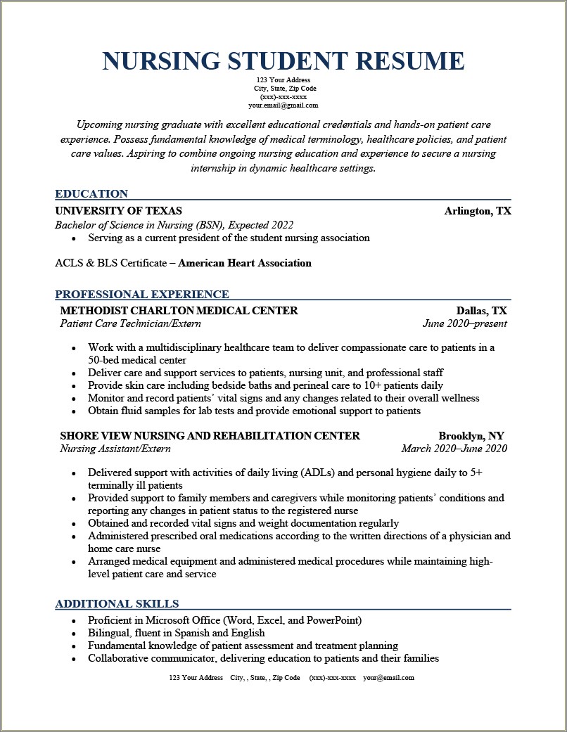 Example Of A Nursing Student Resume