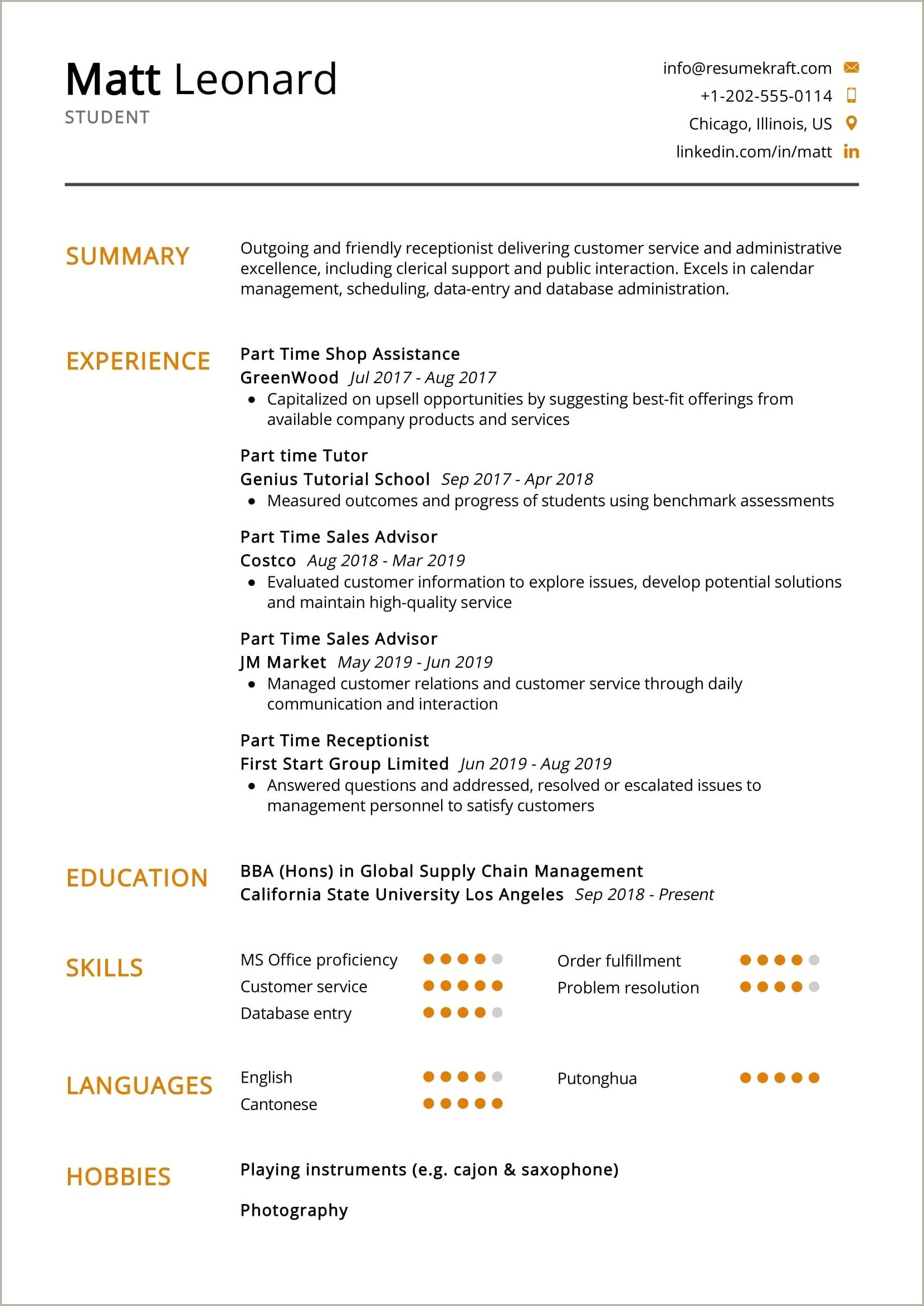 Example Of A Perfect Student Resume