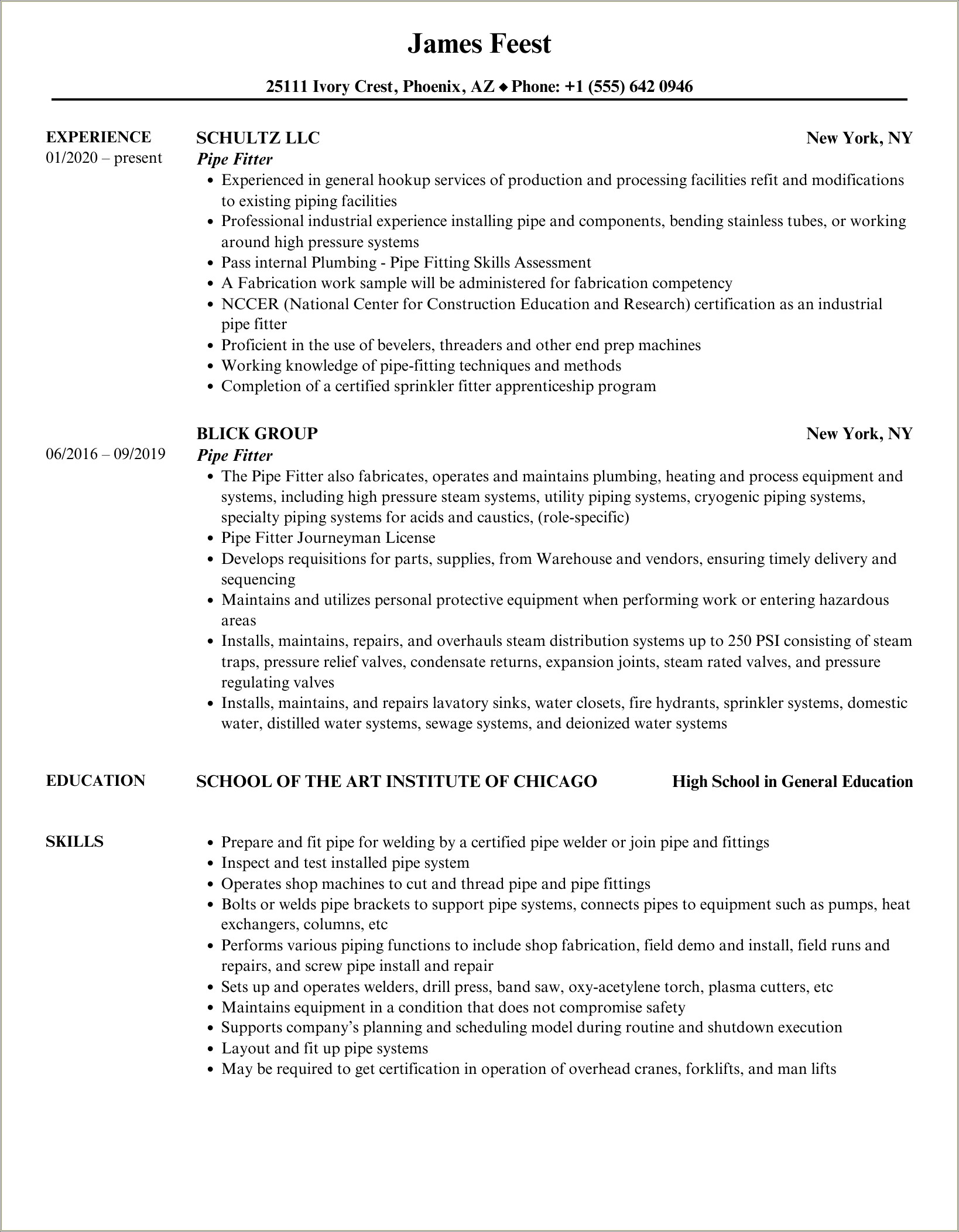 Example Of A Pipe Fitter Resume Resumes