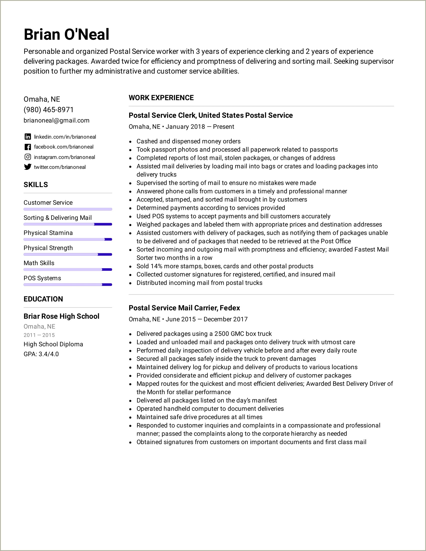 Example Of A Postal Service Carrier Resume