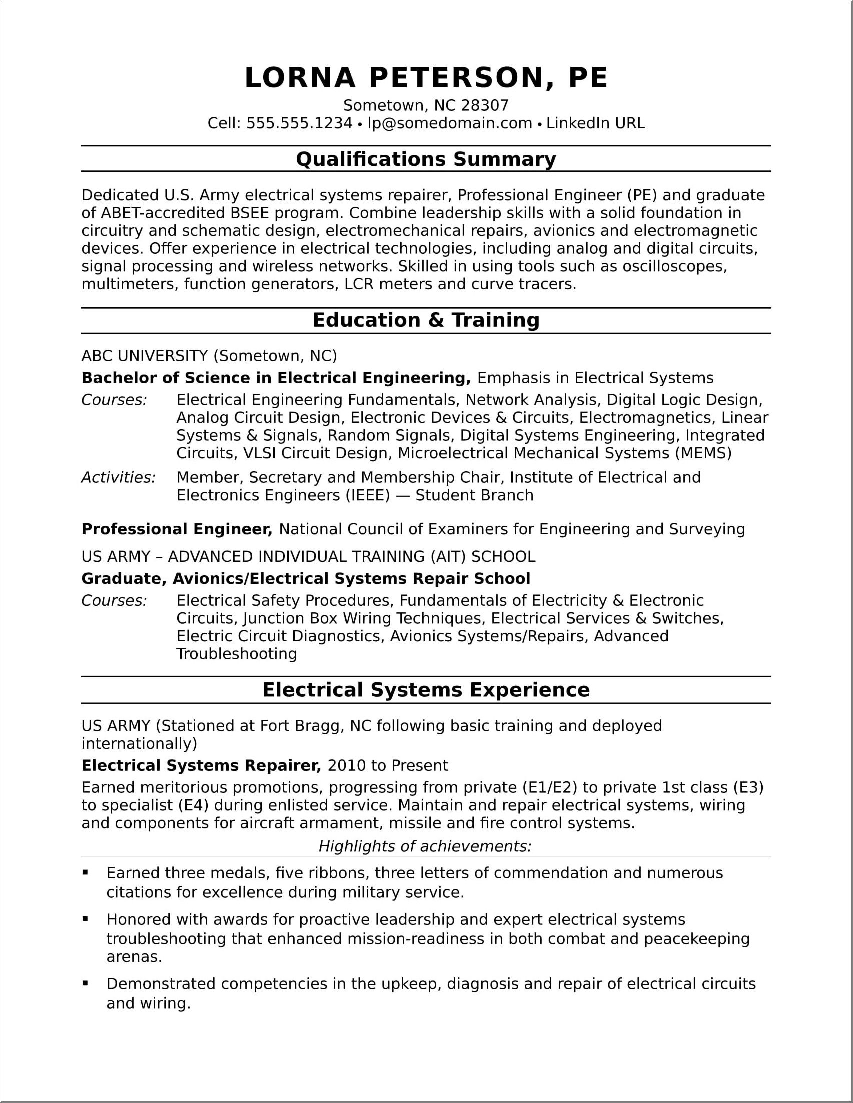 Example Of A Power Distribution Line Engineer Resume