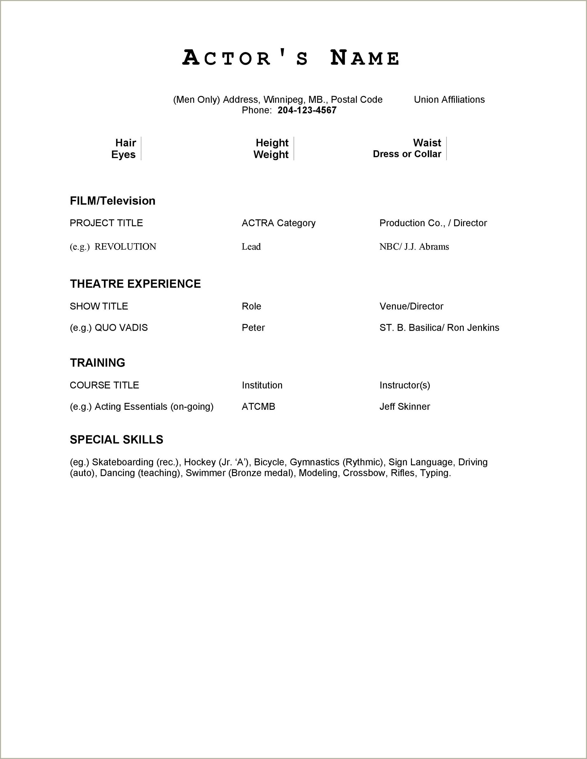 Example Of A Profesional La Acting Resume