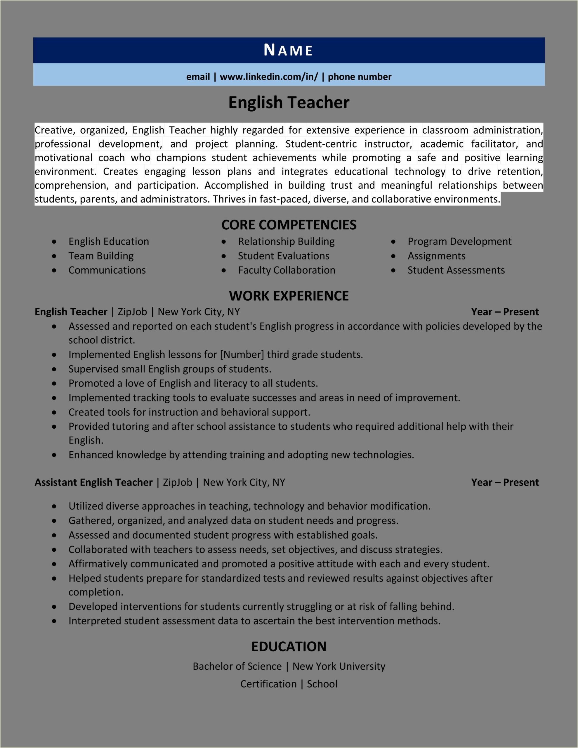 Example Of A Professional Teacher Resume