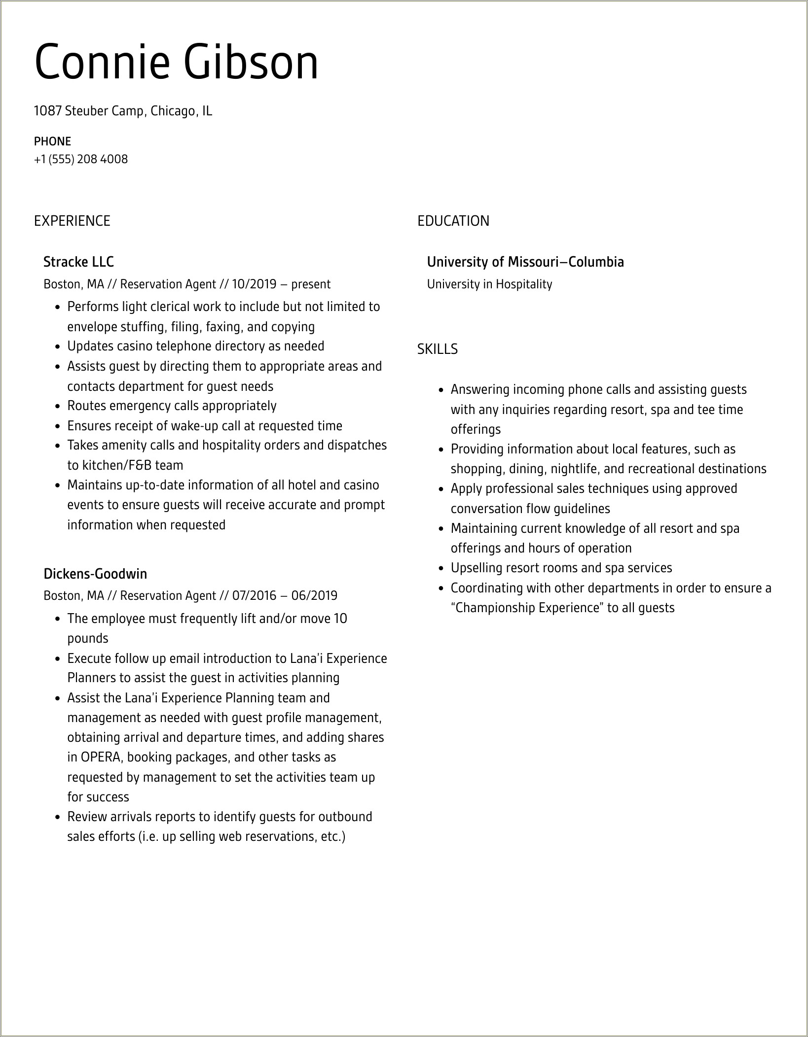 Example Of A Reservations Clerk Resume