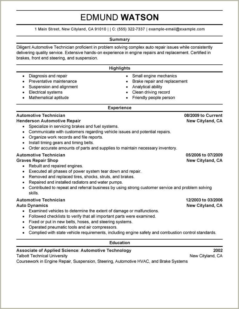 Example Of A Resume For A Car Tranportation