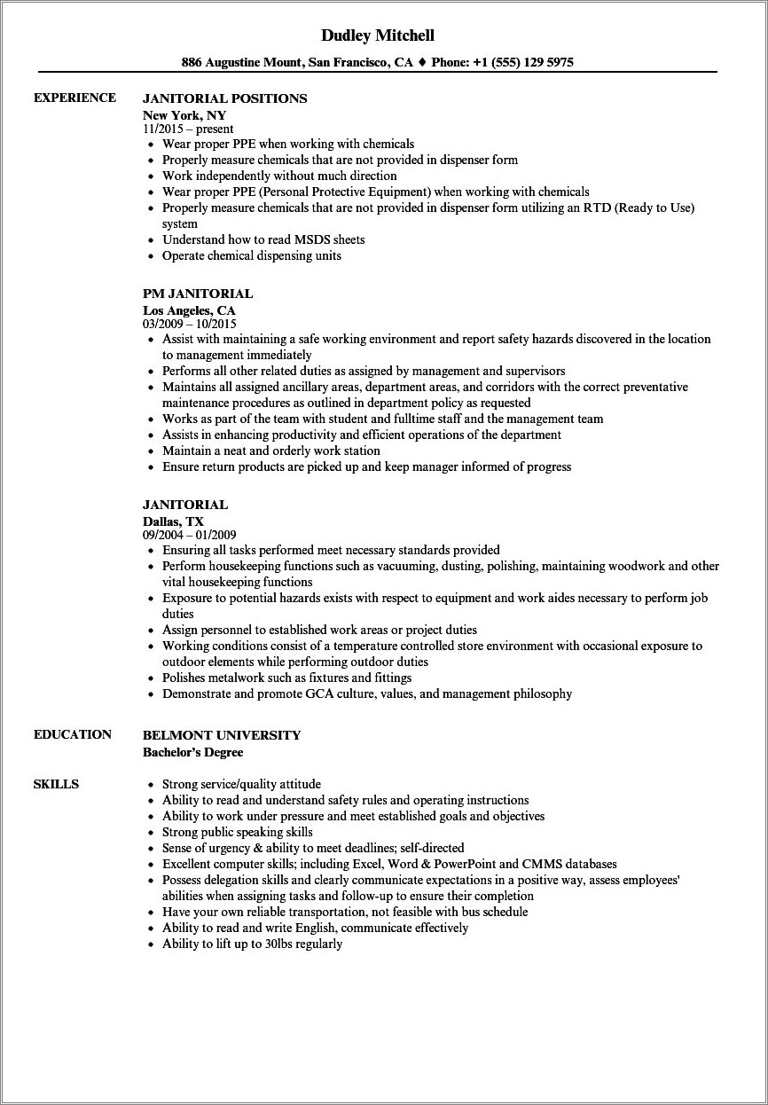 Example Of A Resume For A Custodian
