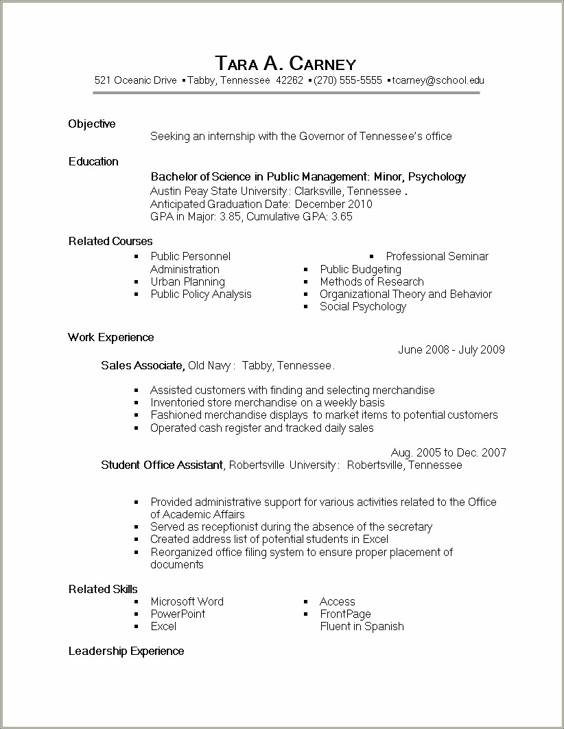 Example Of A Resume For A Math Intenship