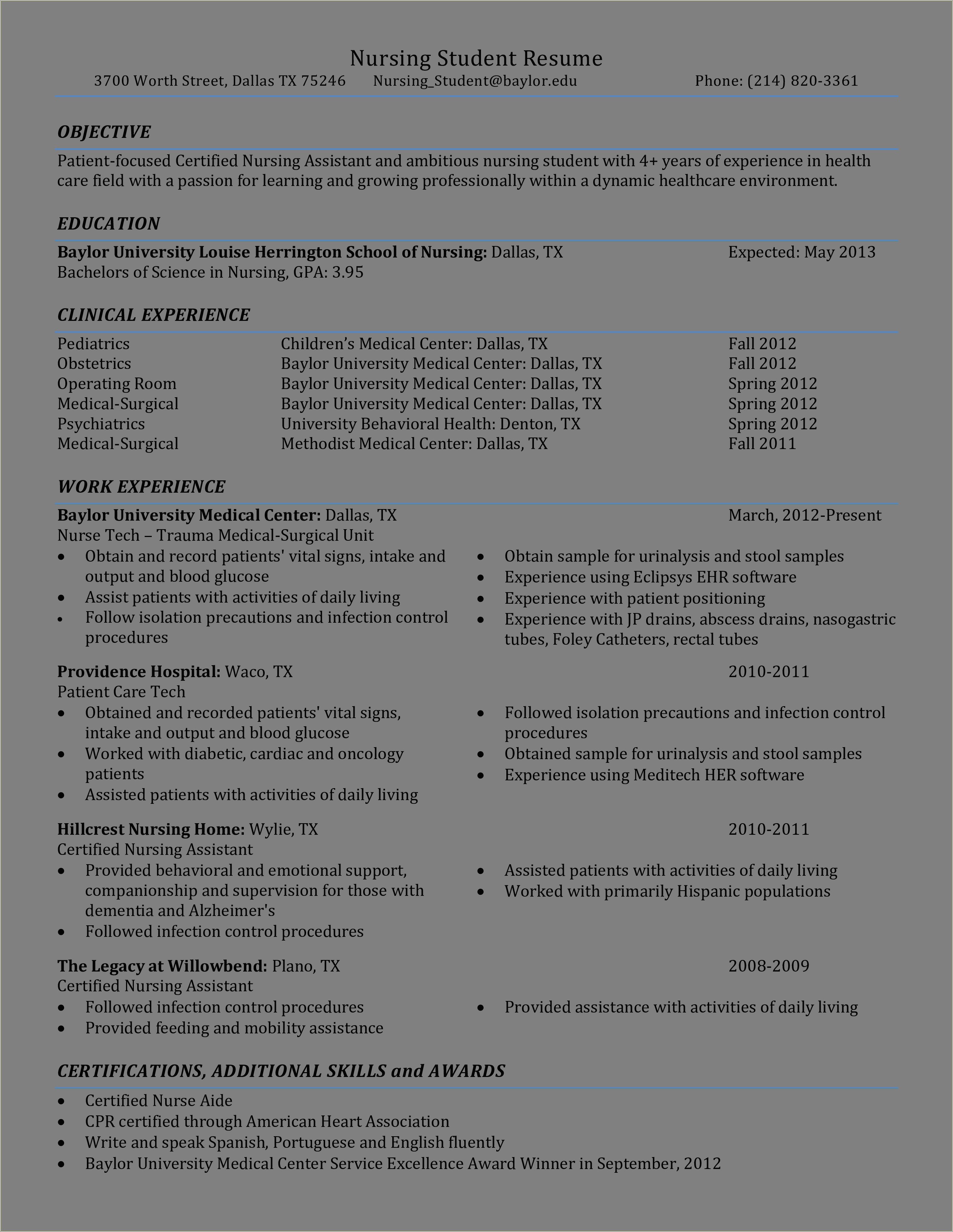 Example Of A Resume For A Nursing Student