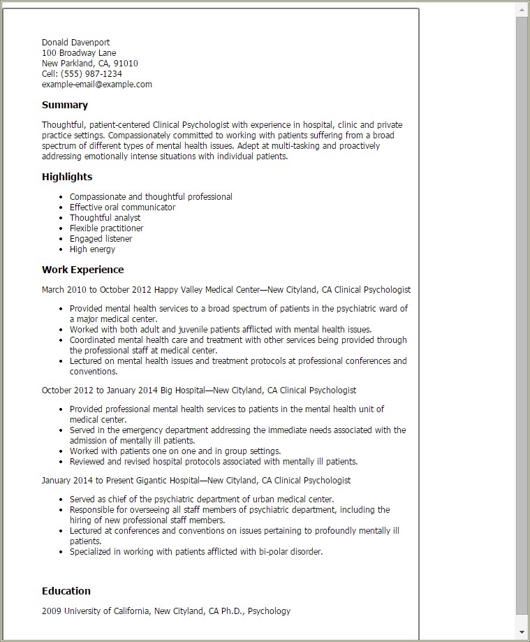 Example Of A Resume For A Psychologist