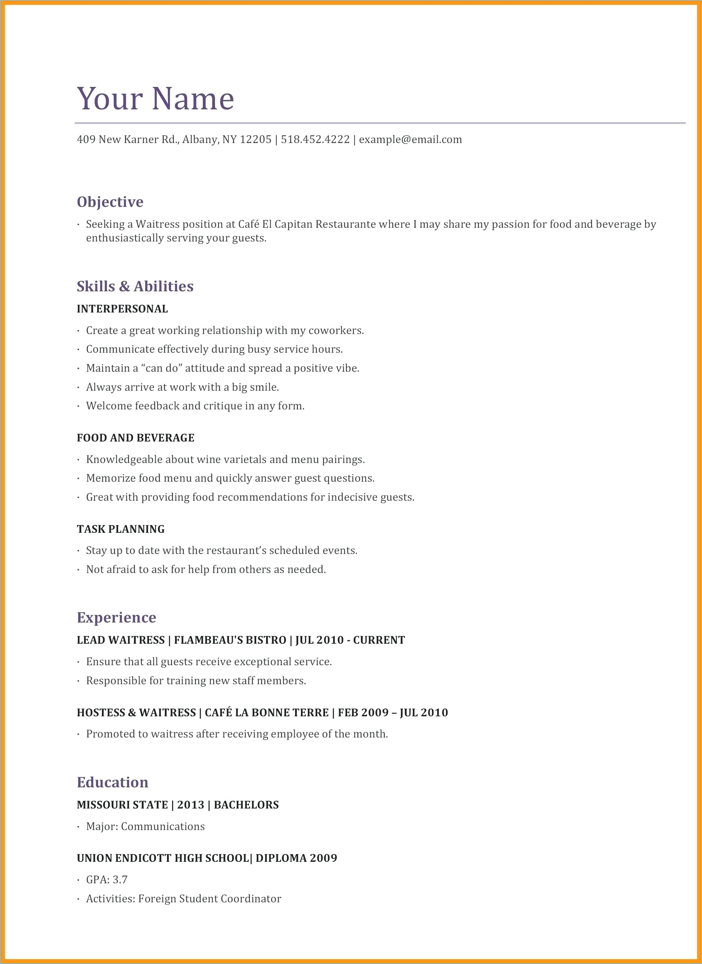Example Of A Resume For A Waitress Job