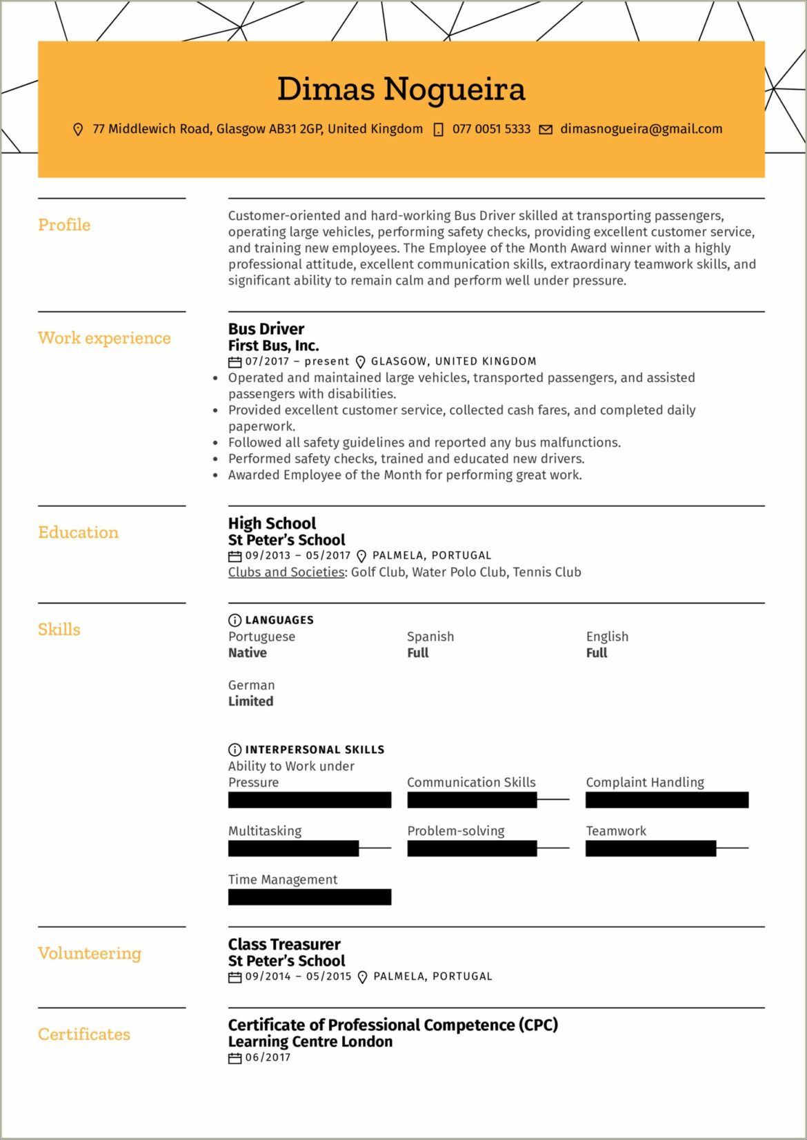 Example Of A Resume For An Uber Driver