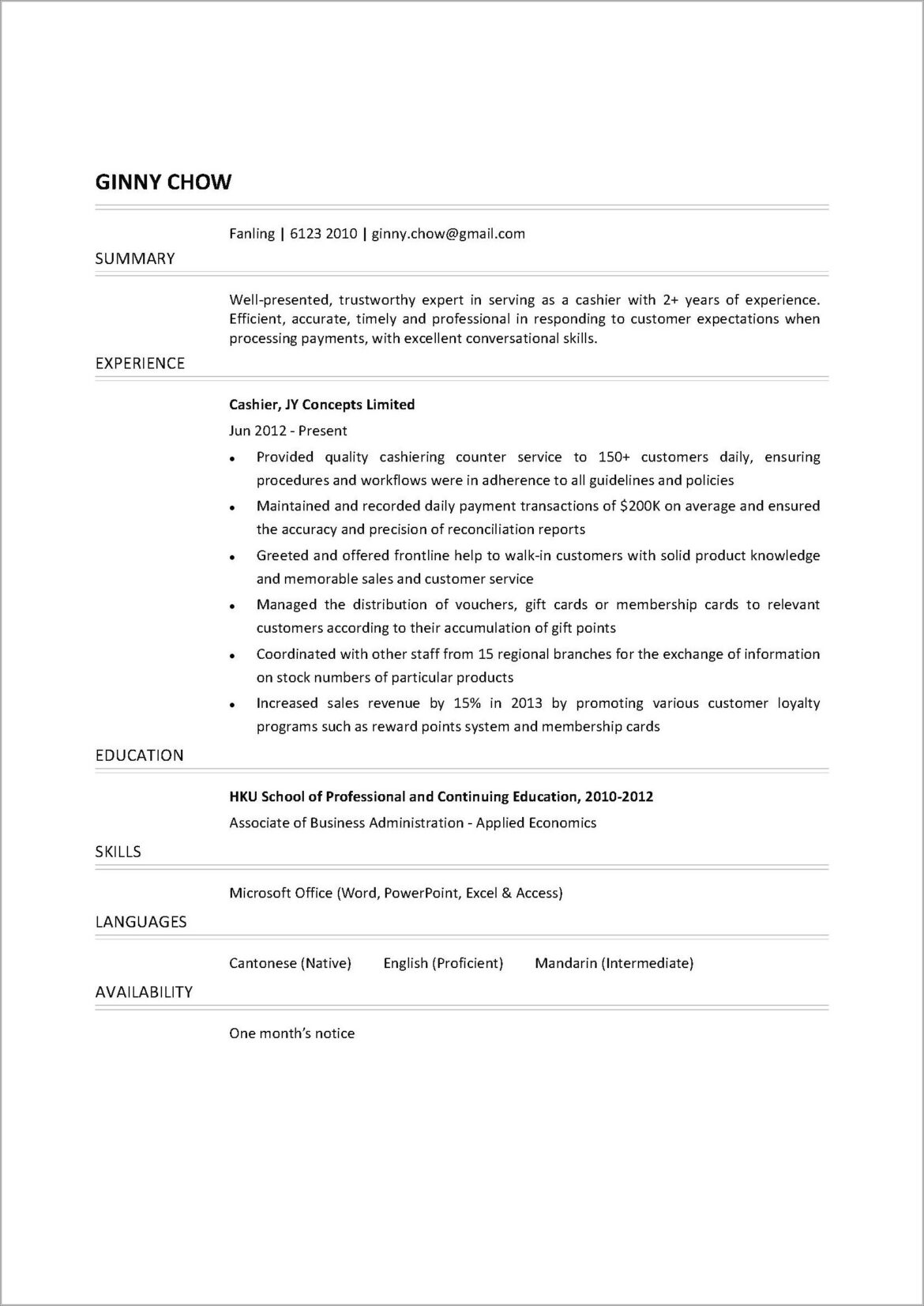 Example Of A Resume For Cashier