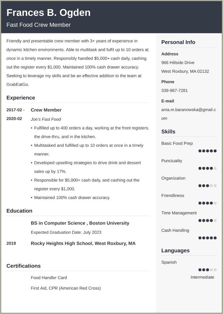 Example Of A Resume For Fast Food Restaurant