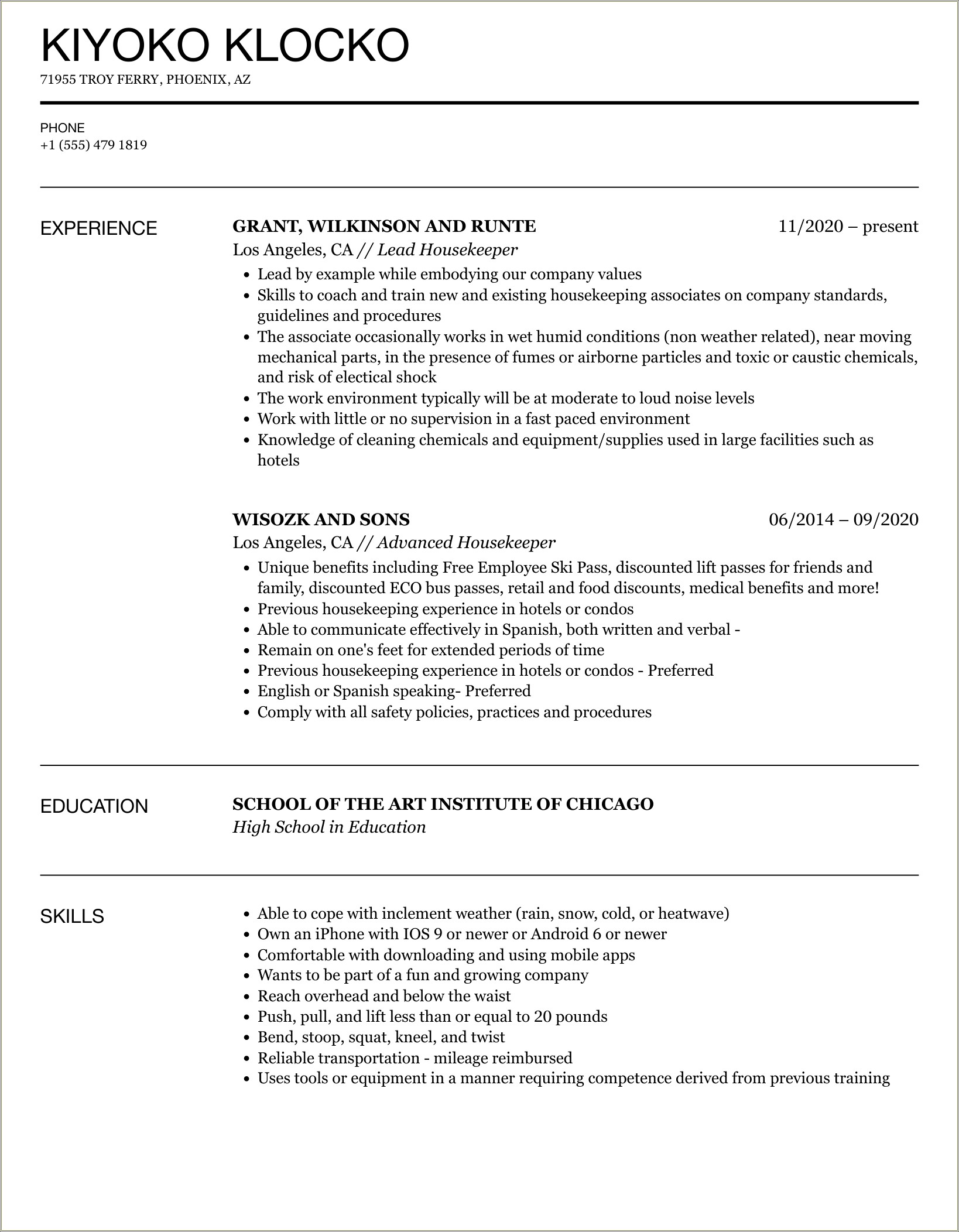 Example Of A Resume For Housekeeping Job