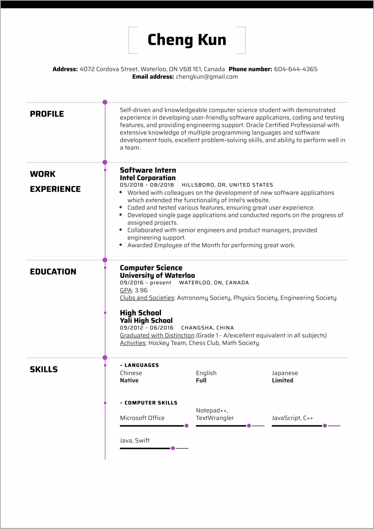 Example Of A Resume Of A Student