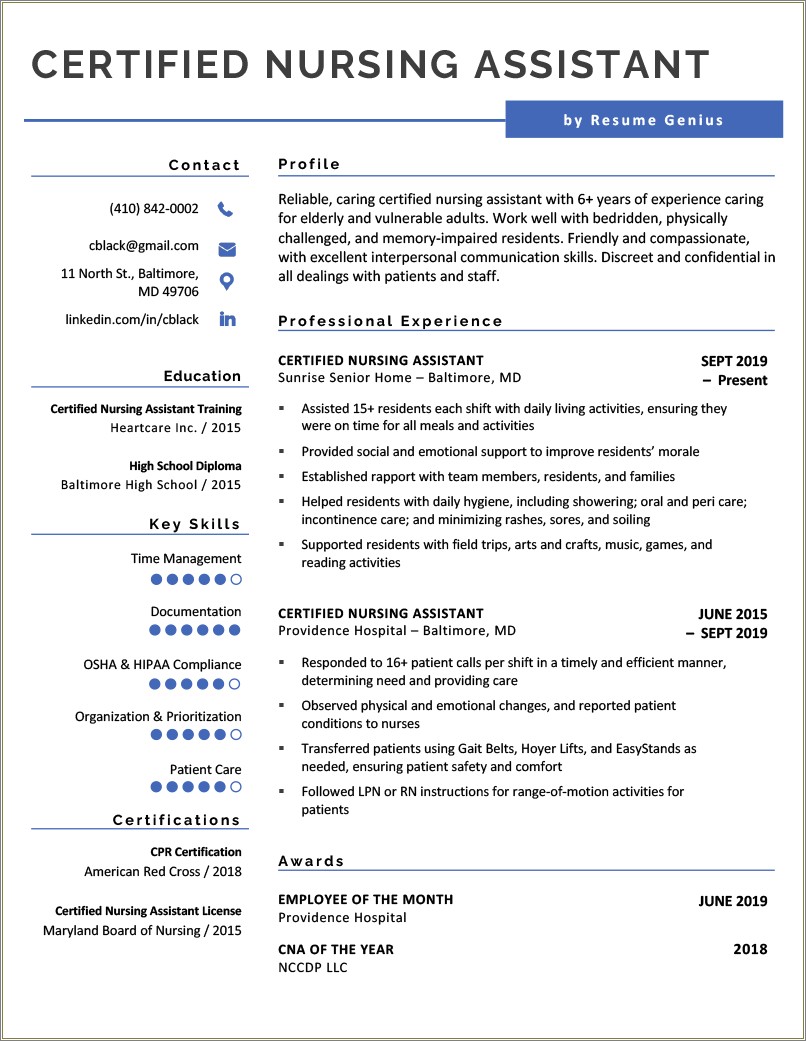 Example Of A Resume Of Cna