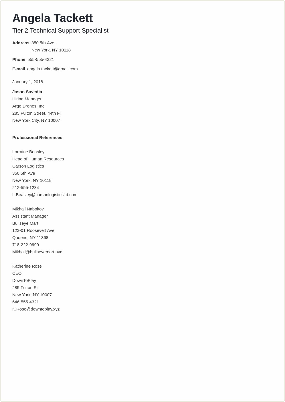 Example Of A Resume Reference Page