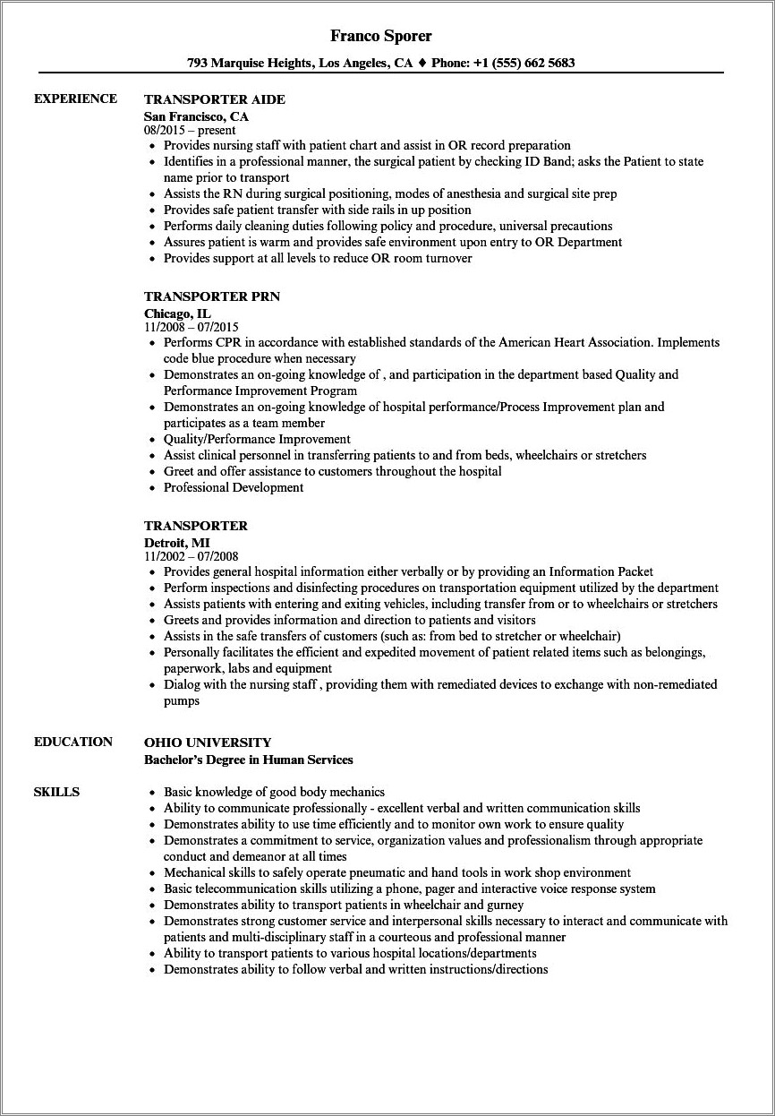 Example Of A Resume Transporter In A Hospital