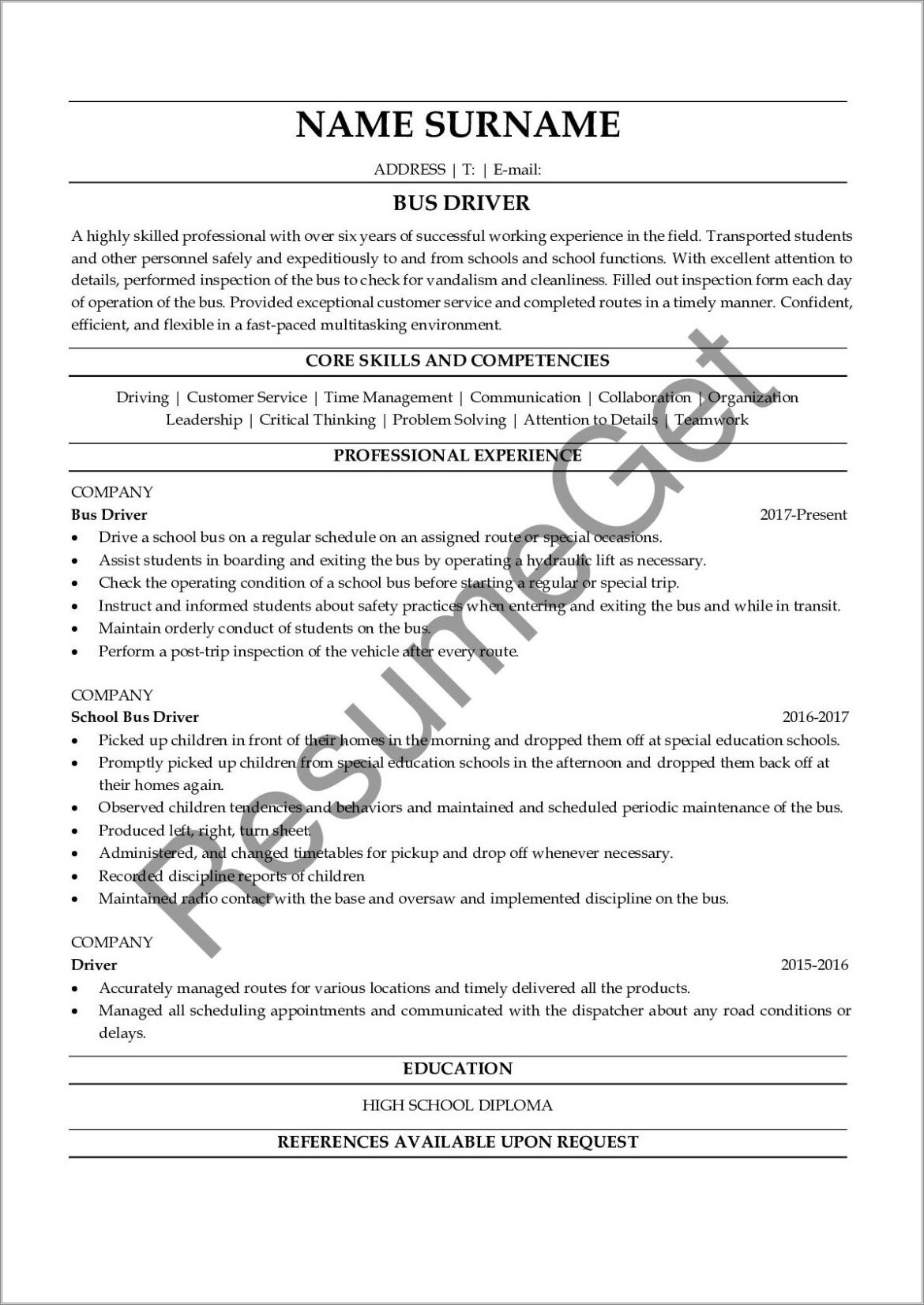 Example Of A School Bus Driver Resume