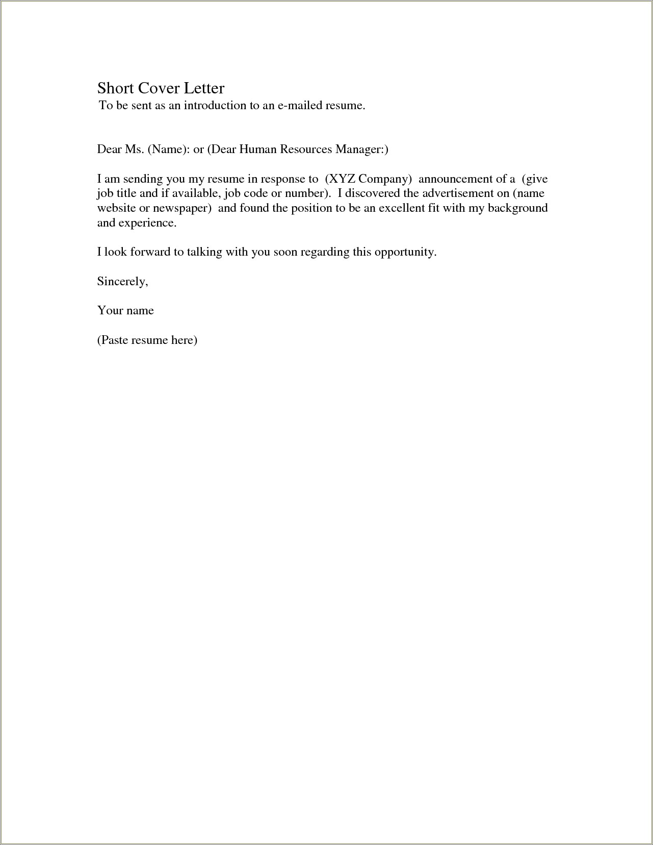 Example Of A Short Cover Letter For Resume