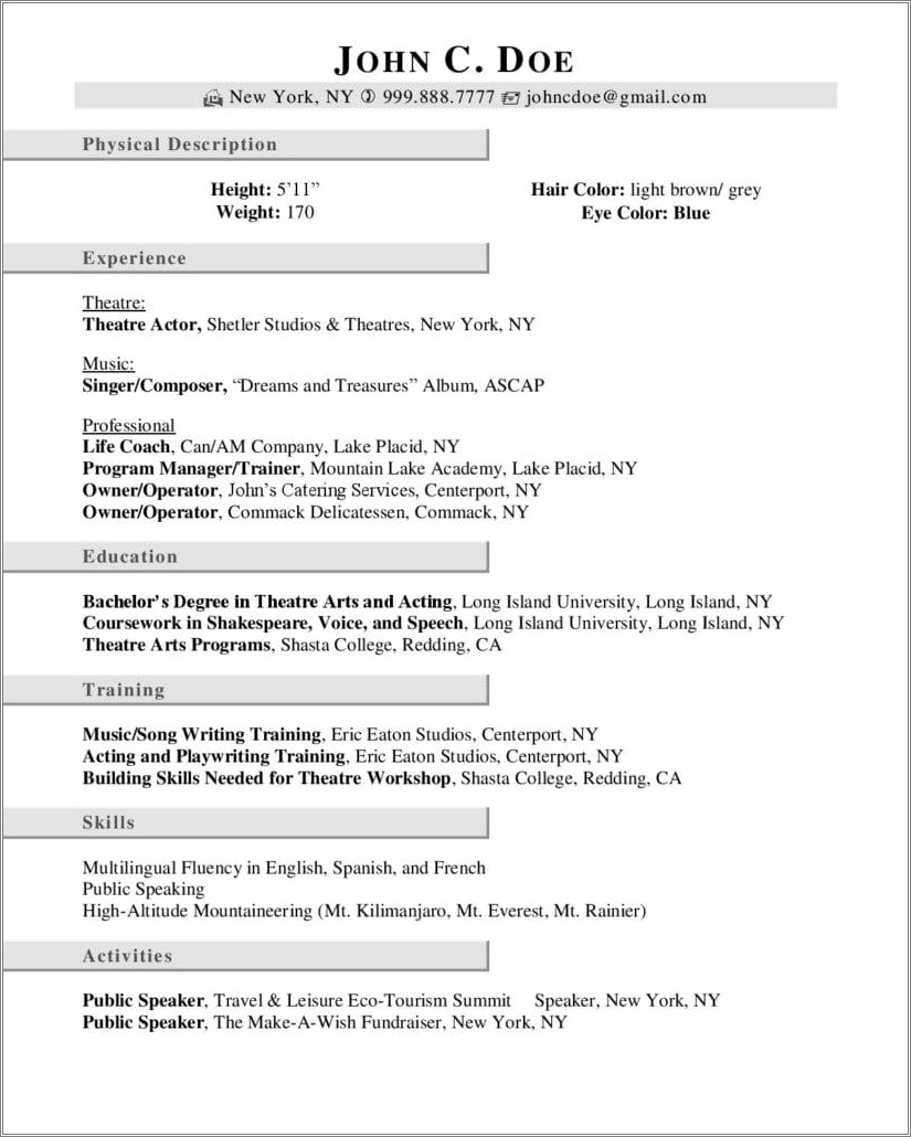 Example Of A Singer's Resume