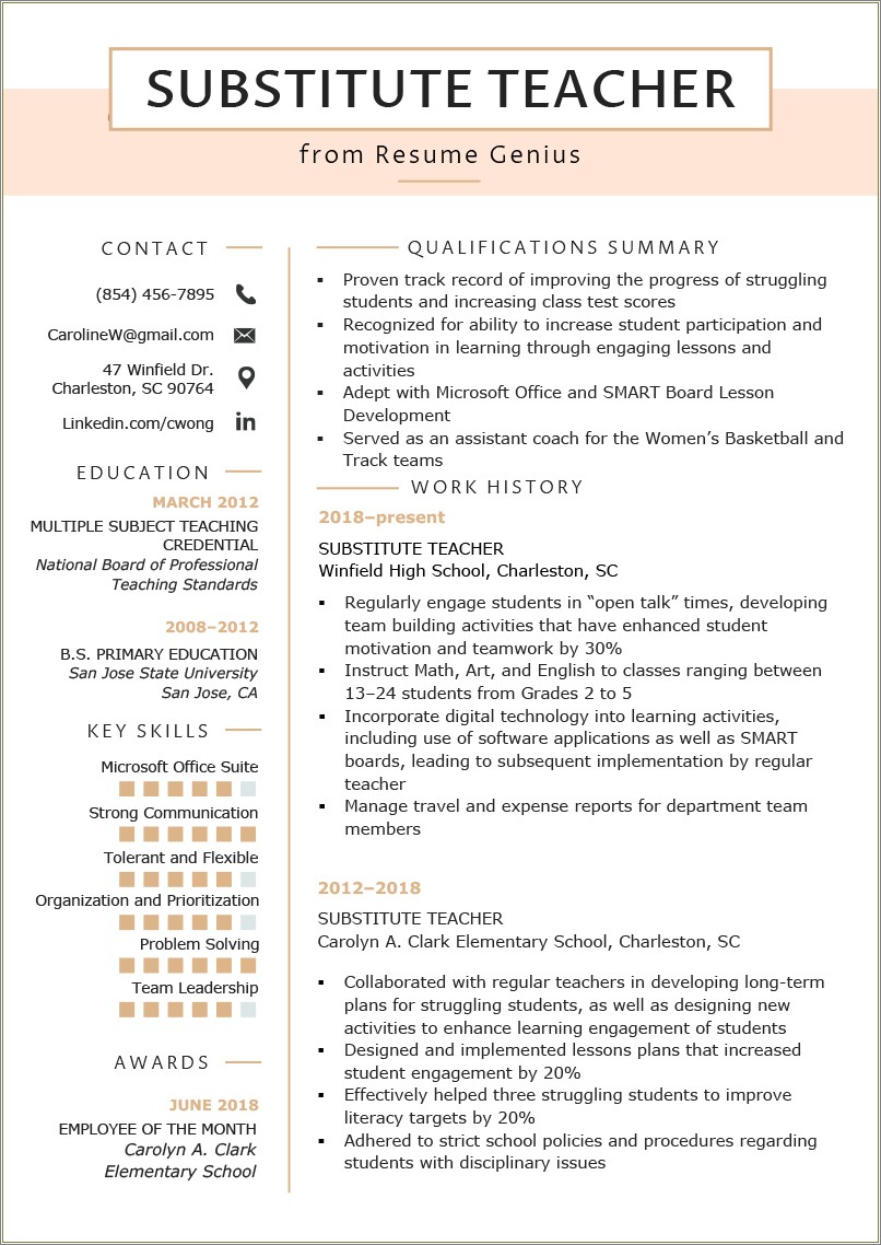 Example Of A Substitute Teacher Resume