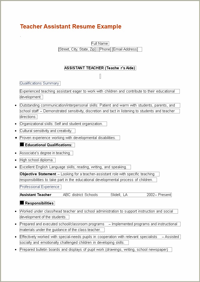 Example Of A Teacher Aide Resume