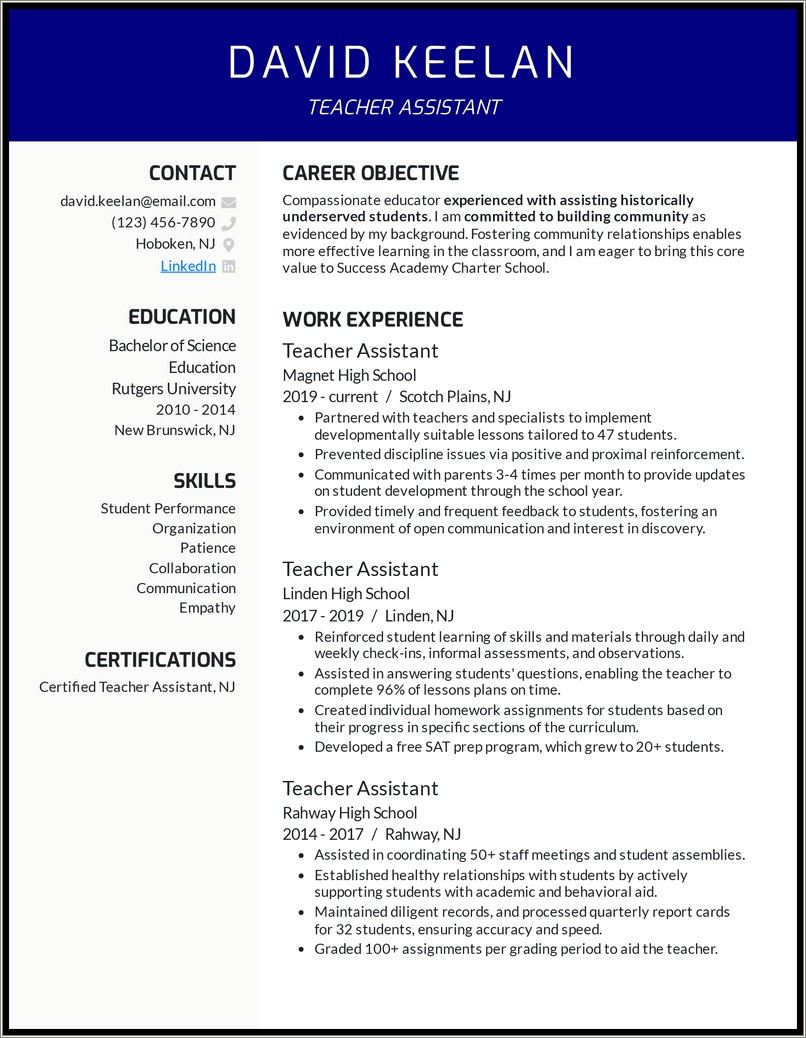 Example Of A Teacher Assistant Resume