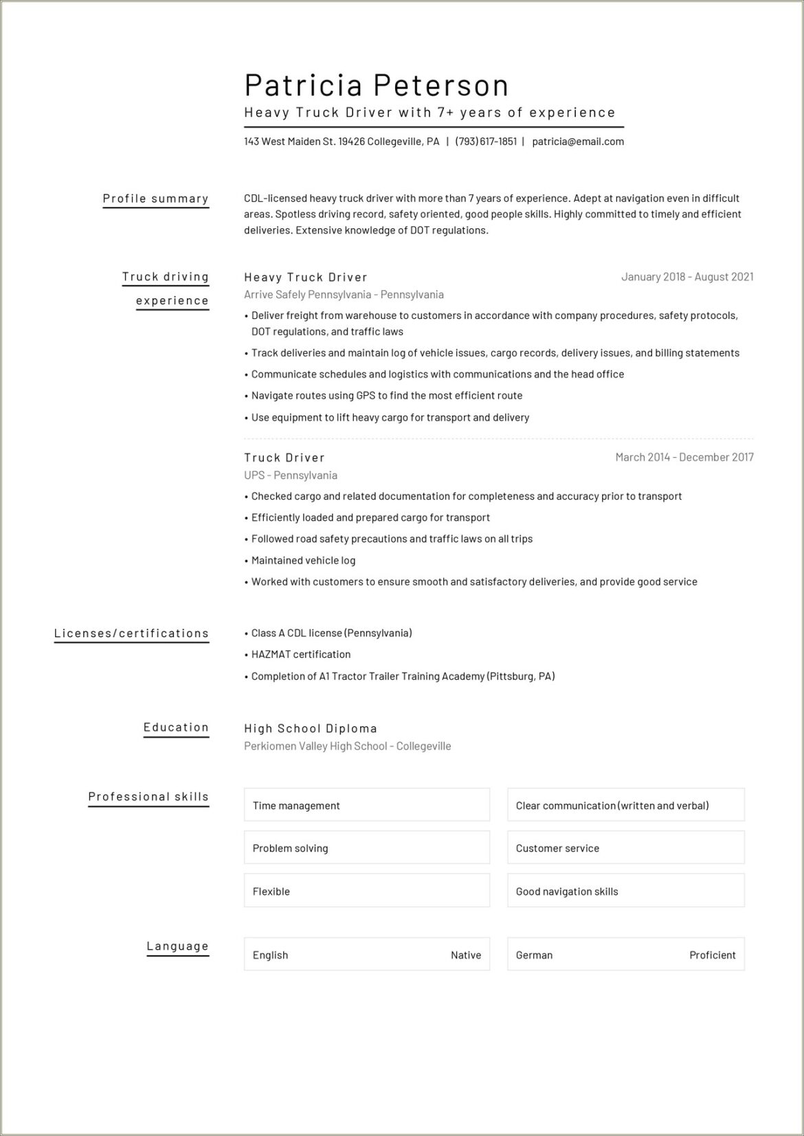 Example Of A Truck Drivers Resume