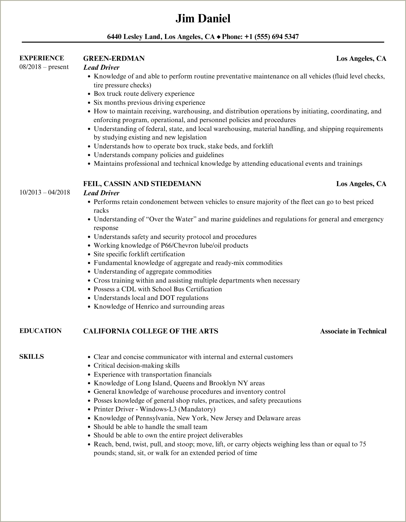 Example Of A Uber Driver Resume
