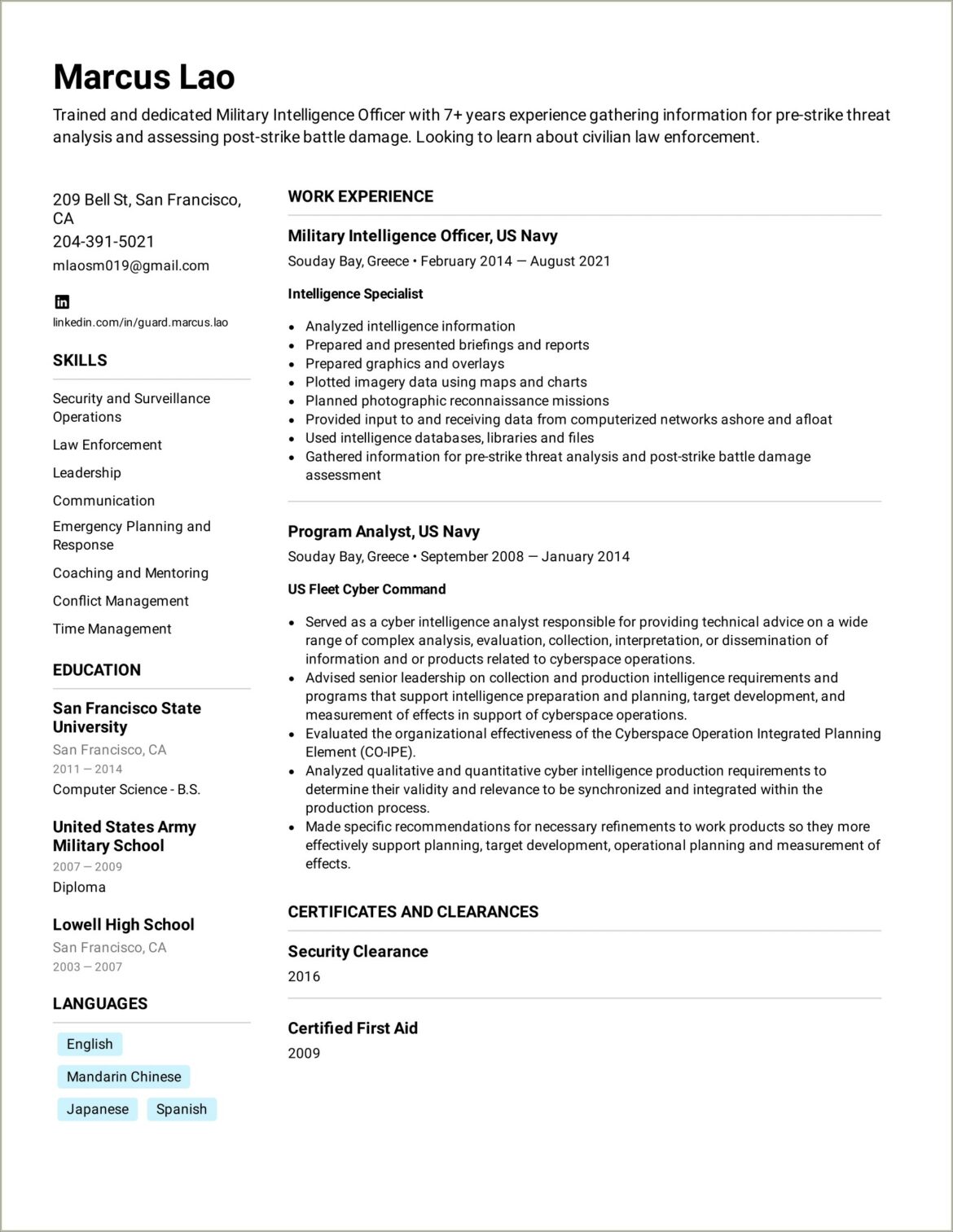 Example Of A Veteran Resume Summary