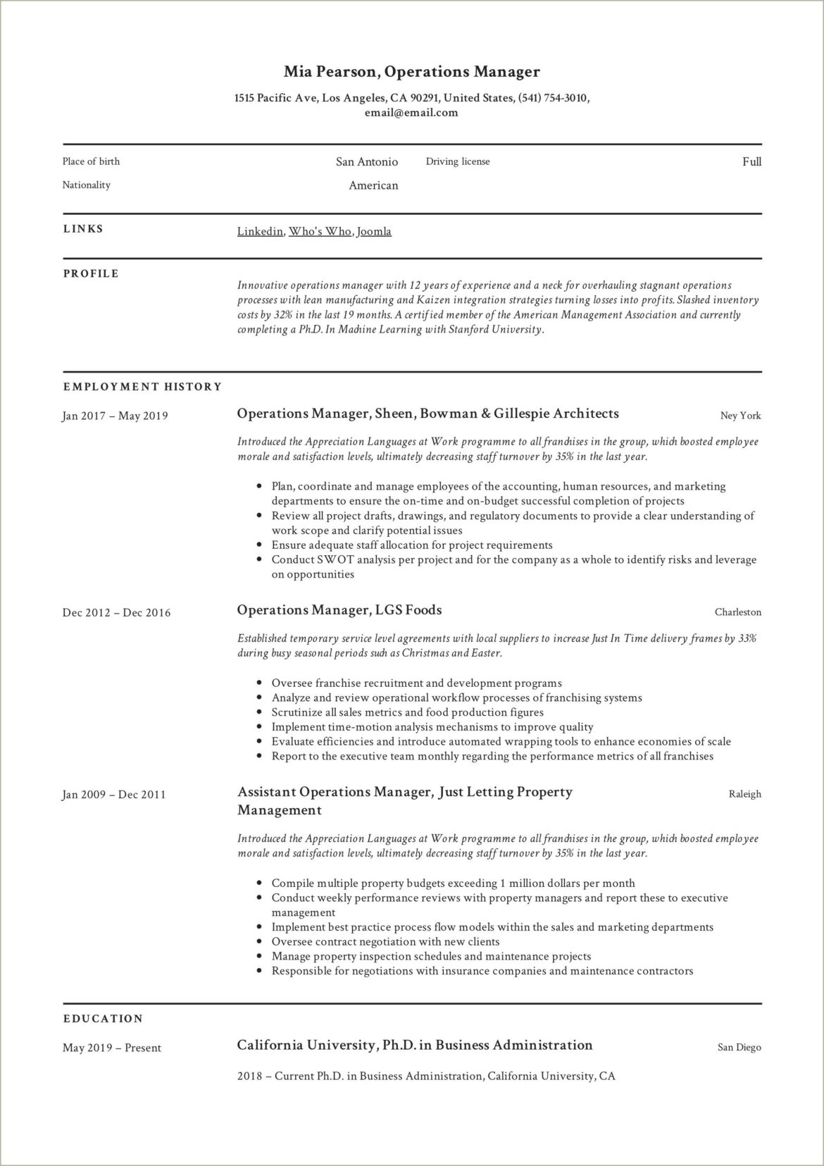 Example Of A Well Written Operations Managers Resume