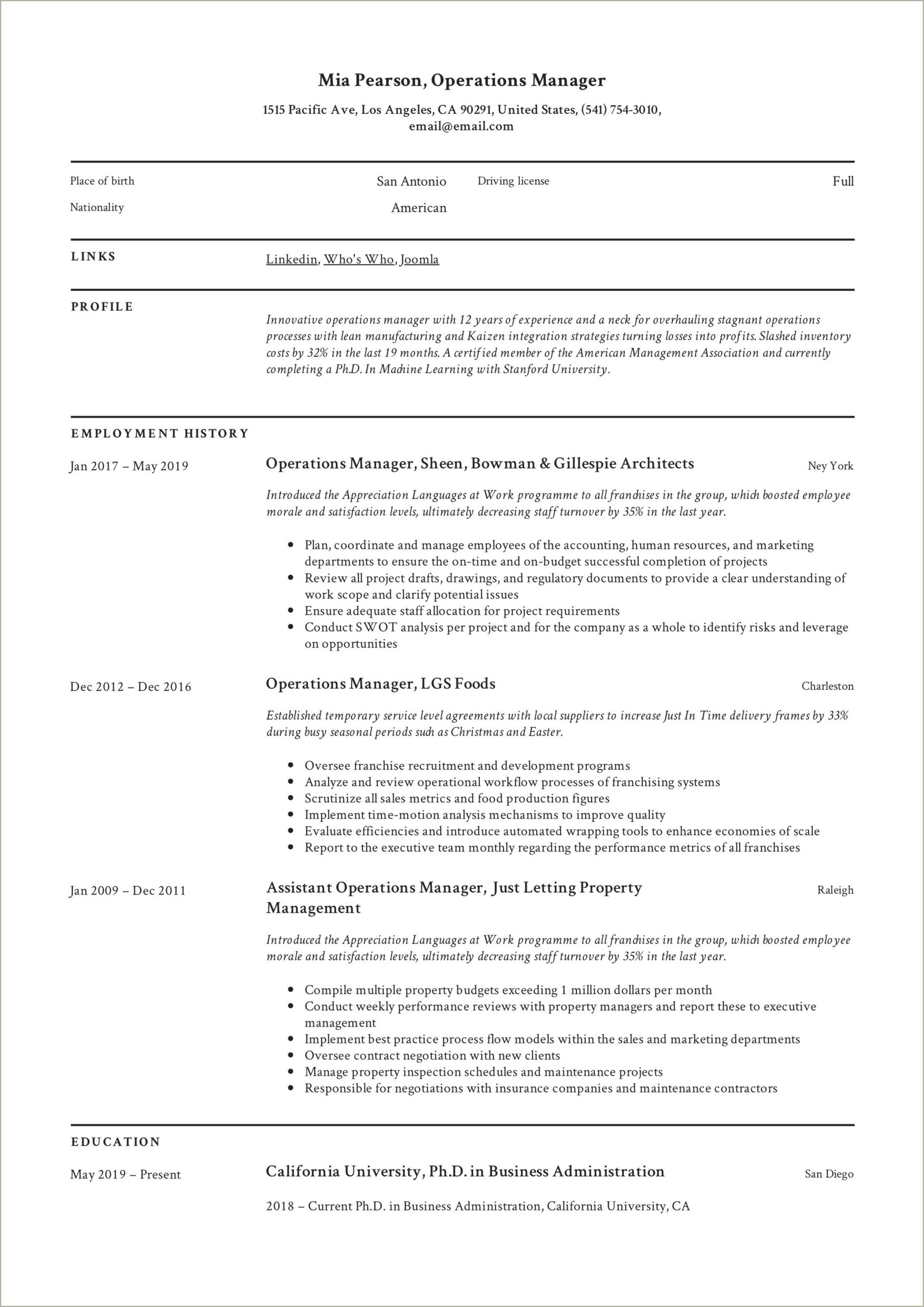Example Of A Well Written Operations Managers Resume
