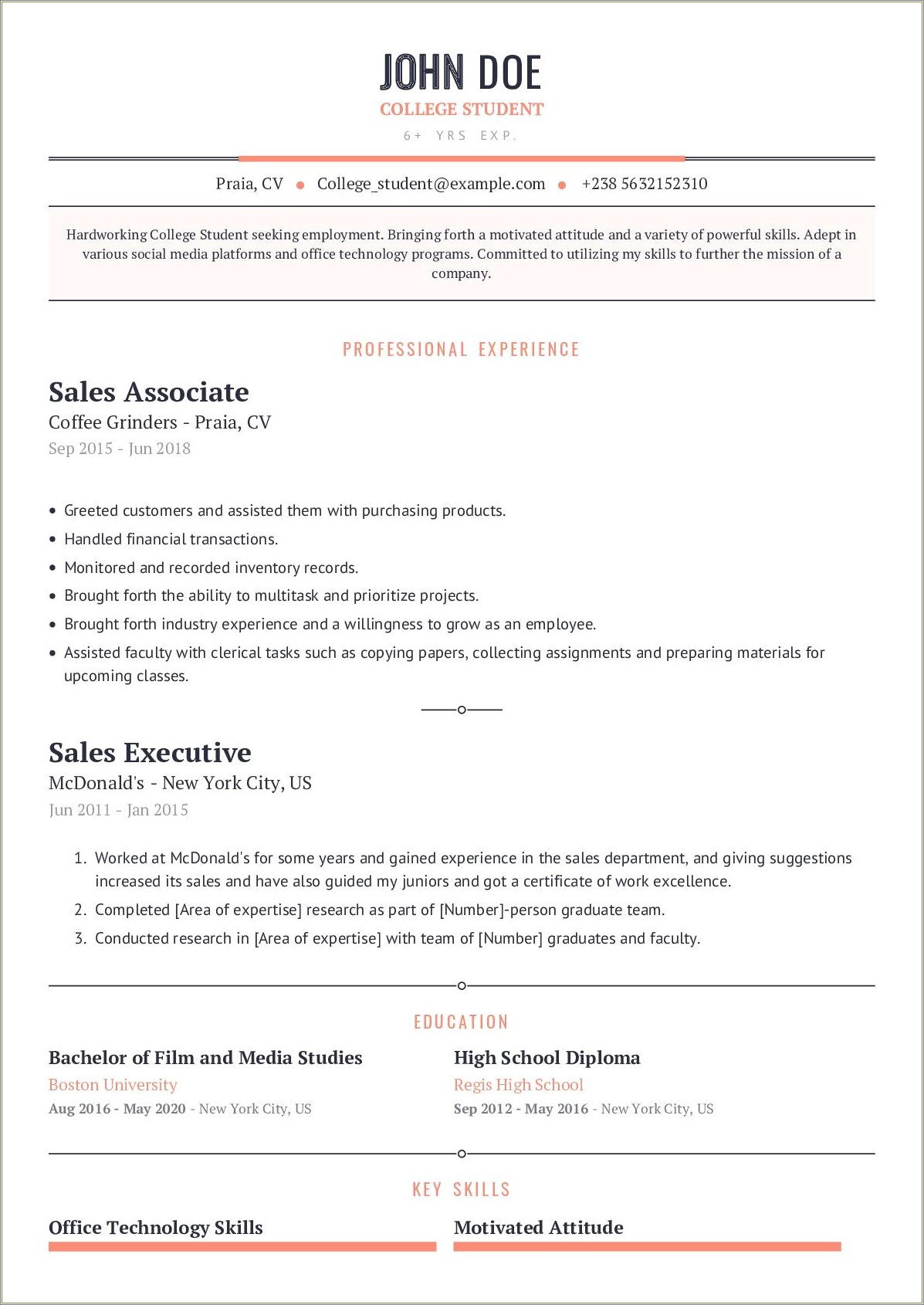 Example Of A Working Student Resume