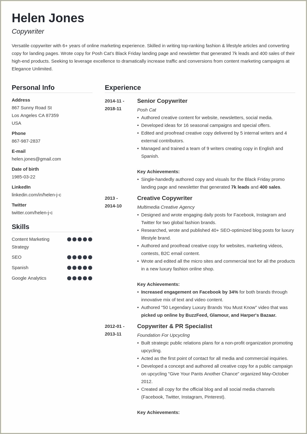 Example Of A Writer's Resume